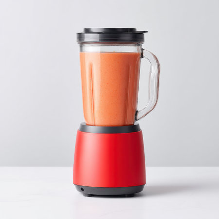 A modern red blender filled with a vibrant smoothie stands on a sleek white countertop, perfect for showcasing healthy cooking and beverage preparation.の素材