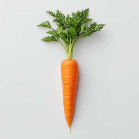 A vibrant orange carrot with fresh green leaves stands upright against a light gray background, showcasing its natural appeal for culinary and health-focused uses.の素材