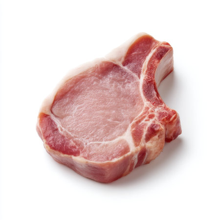 A single fresh pork chop displayed on a clean white background, suitable for culinary projects, food photography, and recipe illustrations in various media.の素材