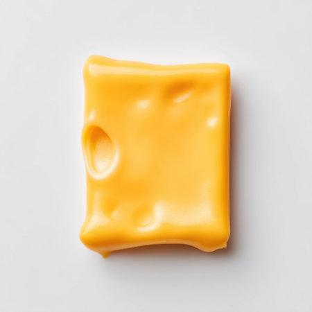 A vibrant yellow cheese slice resting on a clean background. Perfect for representing dairy products in culinary projects, recipes, and food photography.の素材
