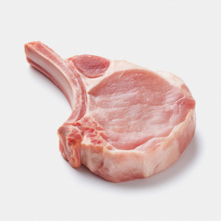 A fresh, raw, bone-in pork chop sits on a white background, perfect for food photography, recipe development, and showcasing culinary preparation details.の素材
