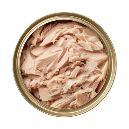 Close-up image of canned tuna featuring tender, flaky fish in natural oil. Ideal for healthy recipes and quick meal options, highlighting convenience and nutrition.の素材