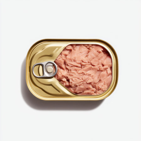 An open can of tuna displayed with pink fish meat visible, set against a clean white backdrop. The image highlights the texture and simplicity of canned seafood.の素材