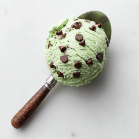 Enjoy a delicious scoop of creamy mint ice cream with chocolate chips, served in a stainless steel scoop. A perfect sweet treat for warm days and celebrations!の素材