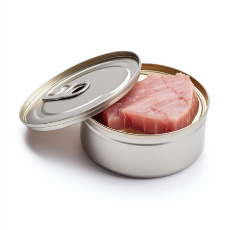 A visually appealing open tin can featuring a fresh pink tuna fish steak, ideal for food photography. Perfect for recipes, meal prep, or culinary inspiration.の素材