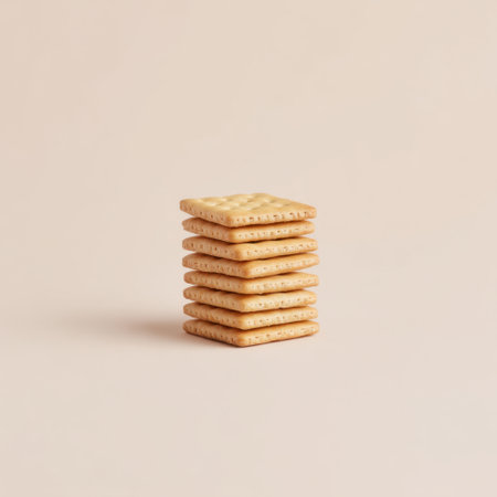 A beautifully arranged stack of light brown biscuits against a soft beige background, perfect for showcasing in food photography and culinary projects.の素材