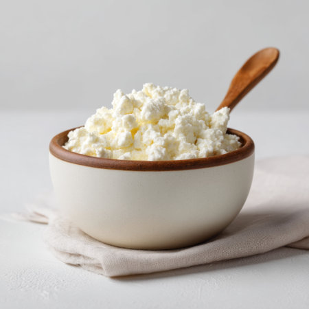 Enjoy a close-up view of fresh cottage cheese in a rustic bowl, perfect for healthy snacking or culinary creations, featuring a wooden spoon for serving.の素材