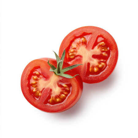 A beautifully sliced red tomato displaying its juicy interior and seeds, ideal for highlighting freshness in culinary creations or healthy diet concepts.の素材
