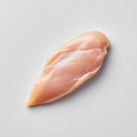 A single piece of fresh raw chicken breast is displayed on a white background, perfect for cooking. Ideal for healthy meal preparation and culinary creativity.の素材