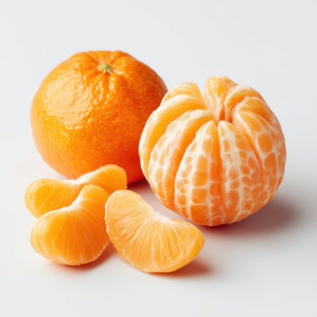 A vibrant orange and fresh segments displayed on a clean white background. Ideal for use in healthy eating themes, culinary inspiration, and vibrant food presentations.の素材