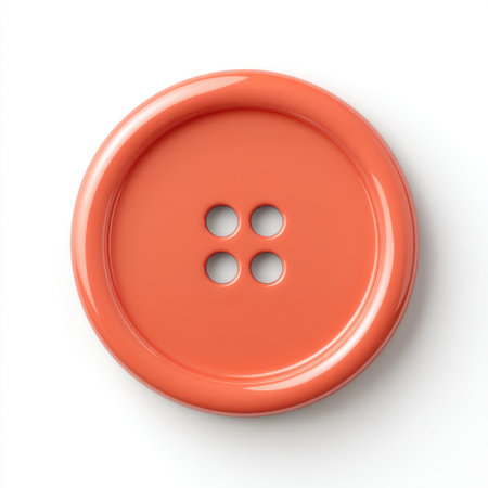 Bright coral button featuring a glossy surface and four holes, ideal for sewing projects, fashion designs, and creative crafts that highlight artistry.の素材