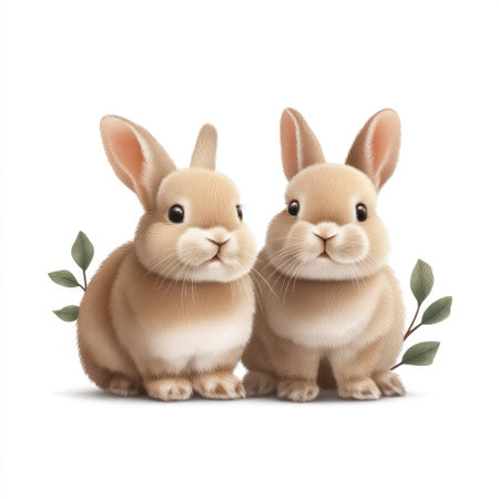 Two adorable rabbits sit close together, showcasing soft fur and cute expressions. Their serene nature is complemented by delicate green leaves, perfect for any animal lover.の素材