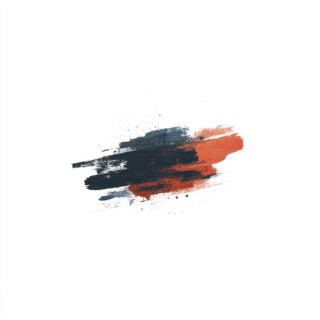 This abstract art piece showcases dynamic brush strokes in vibrant orange and deep black on a clean white background, ideal for modern design projects and decor.の素材