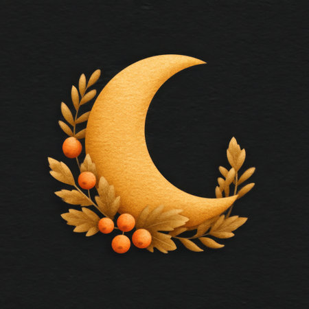 A beautifully crafted illustration of a crescent moon surrounded by leaves and berries, perfect for evoking nature inspired themes and creativity in design projects.の素材