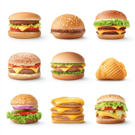 A vibrant display of assorted burgers and snacks featuring fresh ingredients, ideal for illustrating culinary culture, food trends, and dining experiences.の素材