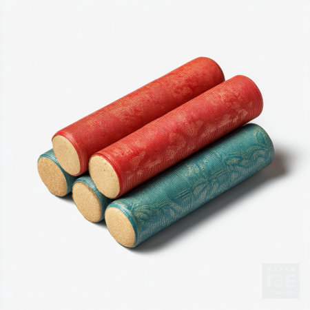 A vibrant and colorful arrangement of four decorative paper rolls placed on a pristine white background, perfect for artistic projects and creative inspirations.の素材