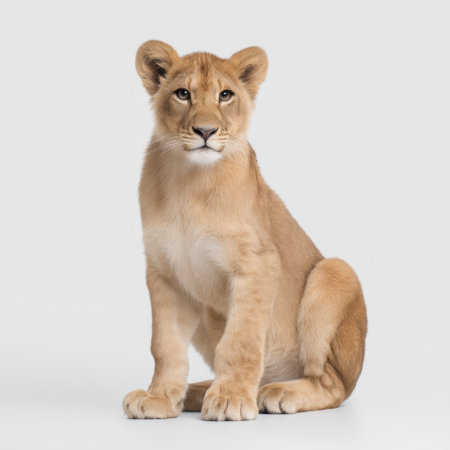 Young lion cub sits gracefully against a white background, capturing attention with its calm demeanor and adorable features, representing the essence of wildlife and nature.の素材