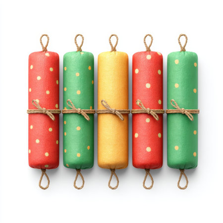 These colorful decorative rolls feature polka dots in vibrant hues, perfect for festive designs, crafting projects, and creative displays in various settings.の素材