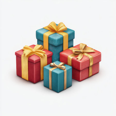 A collection of colorful gift boxes tied with elegant ribbons, perfect for adding festive charm to any celebration. Ideal for holiday and special occasion themes.の素材