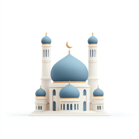 A stunning minimalist architectural design featuring a mosque with blue domes and a crescent moon, perfect for beautifying spaces and evoking a sense of peace.の素材