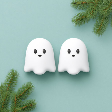 Two adorable ghost characters sit on a soft pastel background, surrounded by greenery, perfect for Halloween themes, fall decorations, and cheerful festive events.の素材