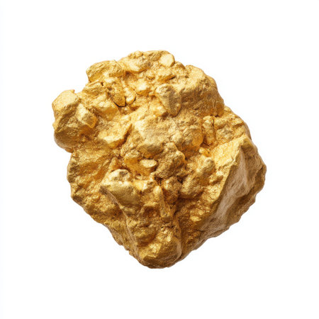 A captivating close up of a natural gold nugget displaying its intricate textures and shiny surface. This image represents wealth, luxury, and the beauty of nature.の素材