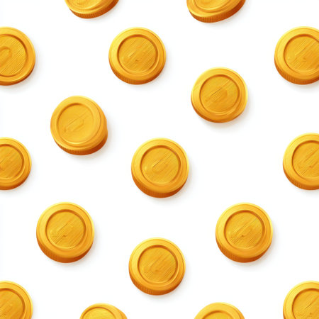 A vibrant pattern of shiny golden coins on a white background, perfect for enhancing designs related to finance, investment, and prosperity themes.の素材
