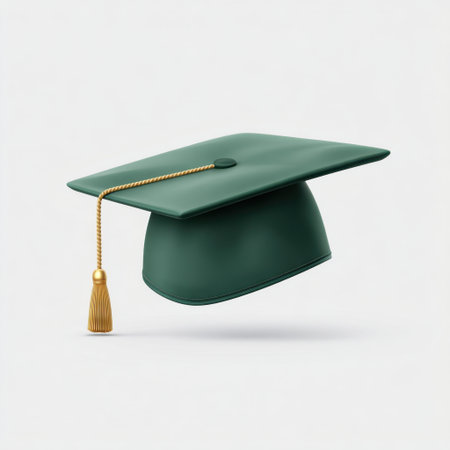 A green graduation cap with a golden tassel floats against a white background, representing achievement and positive transitions in education and future aspirations.の素材