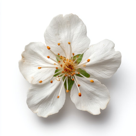 A stunning white flower with delicate petals and vibrant yellow stamen showcases nature's beauty against a clean white backdrop, perfect for floral photography themes.の素材