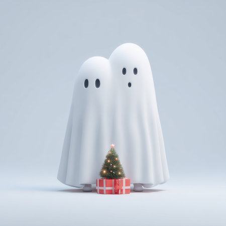 Two playful ghost characters stand beside a vibrant wrapped gift with a small Christmas tree, embodying the spirit of festive joy and holiday cheer.の素材