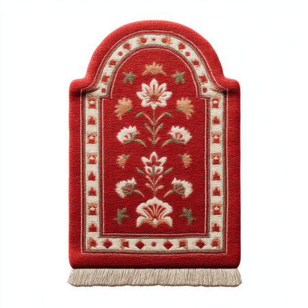 This stunning red area rug features a beautiful floral pattern and exquisite fringes, ideal for enhancing any living space with warmth and elegance. Perfect for interior design.の素材