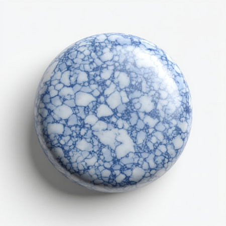 A round blue and white decorative stone featuring a unique mottled pattern, ideal for artistic projects or home decor, set against a smooth white background.の素材
