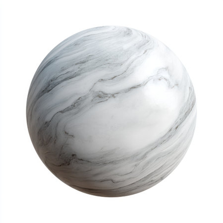 This smooth marble sphere features an elegant blend of white and gray veining, perfect for use in 3D rendering or enhancing architectural design aesthetics.の素材