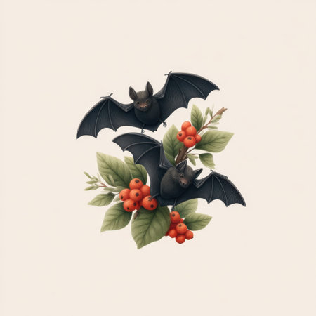This playful illustration features two charming bats among vibrant berries and lush leaves, perfect for seasonal decorations and whimsical designs.の素材