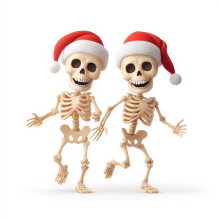 Two charming skeletons celebrate the holiday season with festive hats, embodying the spirit of joy and laughter. Perfect for holiday themed projects and decorations.の素材