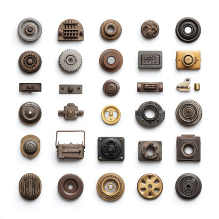 A detailed collection of vintage mechanical components showcasing unique shapes, textures, and colors. Perfect for design inspiration and creative projects.の素材