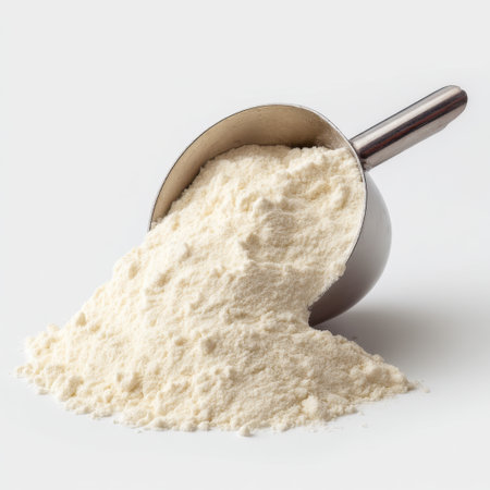 A close-up image showcasing fine white flour poured from a measuring scoop on a light background, perfect for culinary projects, recipes, and baking inspiration.の素材