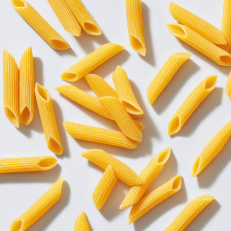 A stunning arrangement of various uncooked pasta shapes spread across a light surface, showcasing texture and colors ideal for culinary presentations and recipes.の素材