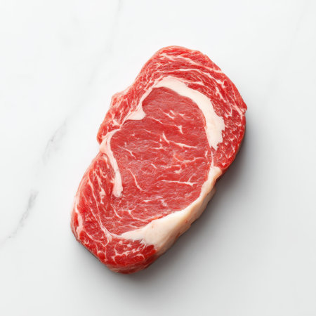 A beautifully sliced ribeye steak rests on a light marble countertop, showcasing rich marbling and vibrant color, perfect for culinary creations and gourmet dishes.の素材