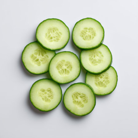 A visually appealing arrangement of fresh cucumber slices showcases the vibrant green color and healthy qualities of this popular vegetable, ideal for culinary inspiration.の素材