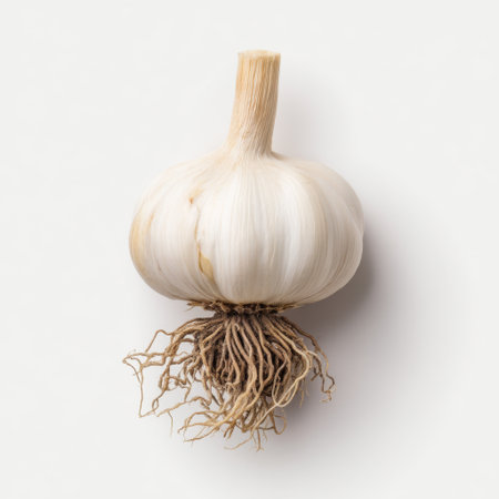 A whole garlic bulb with its roots displayed on a light background. Perfect for culinary visuals, health promotions, and food preparation concepts in various settings.の素材