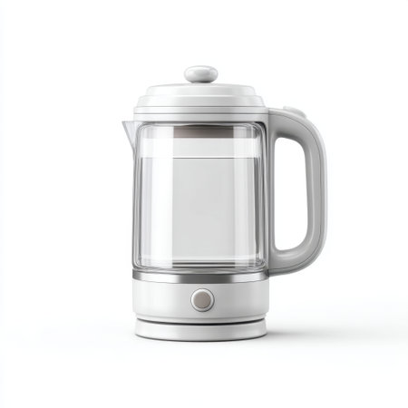 A sleek and modern kettle for brewing tea or coffee, featuring a transparent glass body and stylish design for any home or office environment. Perfect for everyday use.の素材