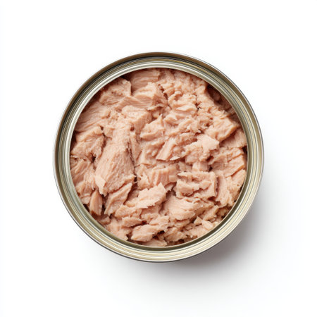 This image features a freshly opened can of light pink tuna packed in water, highlighting the texture and color of the flaky fish meat against a clean white background.の素材