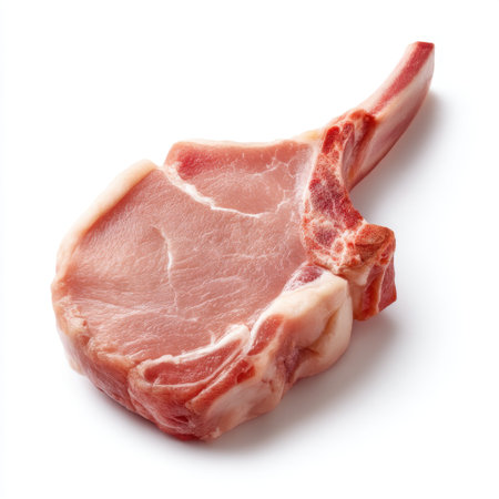Raw pork chop showcasing rich texture and quality suitable for culinary uses, recipe demonstrations, and grocery store presentation. Perfect for meat lovers.の素材