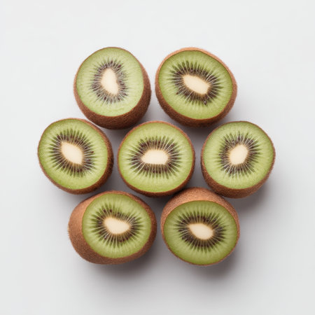 This image features fresh sliced kiwi arranged neatly on a white background, showcasing the vibrant green interior and fuzzy brown skin, perfect for healthy eating themes.の素材