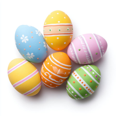 A vibrant collection of beautifully decorated Easter eggs featuring various cheerful designs against a clean white background, perfect for springtime celebrations.の素材