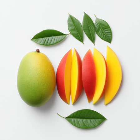 A beautiful arrangement of a fresh, ripe mango with vibrant yellow and red slices and green leaves. Ideal for a healthy lifestyle and culinary inspiration.の素材