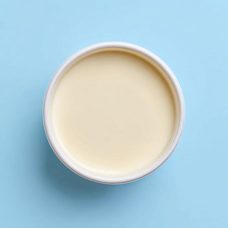 A creamy white substance sits in a round container against a soft blue background, creating a visually appealing scene perfect for beauty or food-related projects.の素材