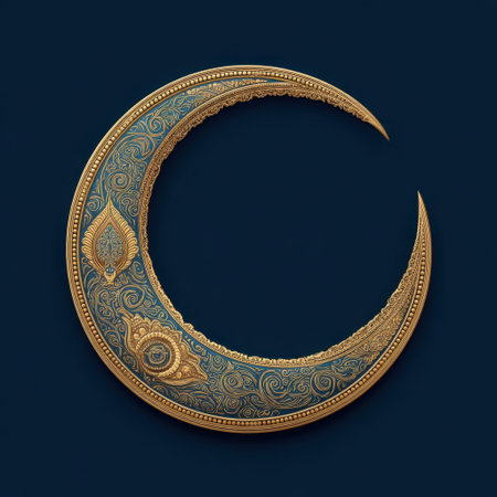 This stunning design features a beautifully decorated crescent moon intricately detailed in gold against a rich blue background, perfect for artistic projects.の素材
