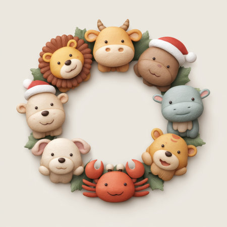 This charming image features adorable animal characters wearing festive Santa hats, arranged in a wreath with green leaves, perfect for holiday decorations.の素材